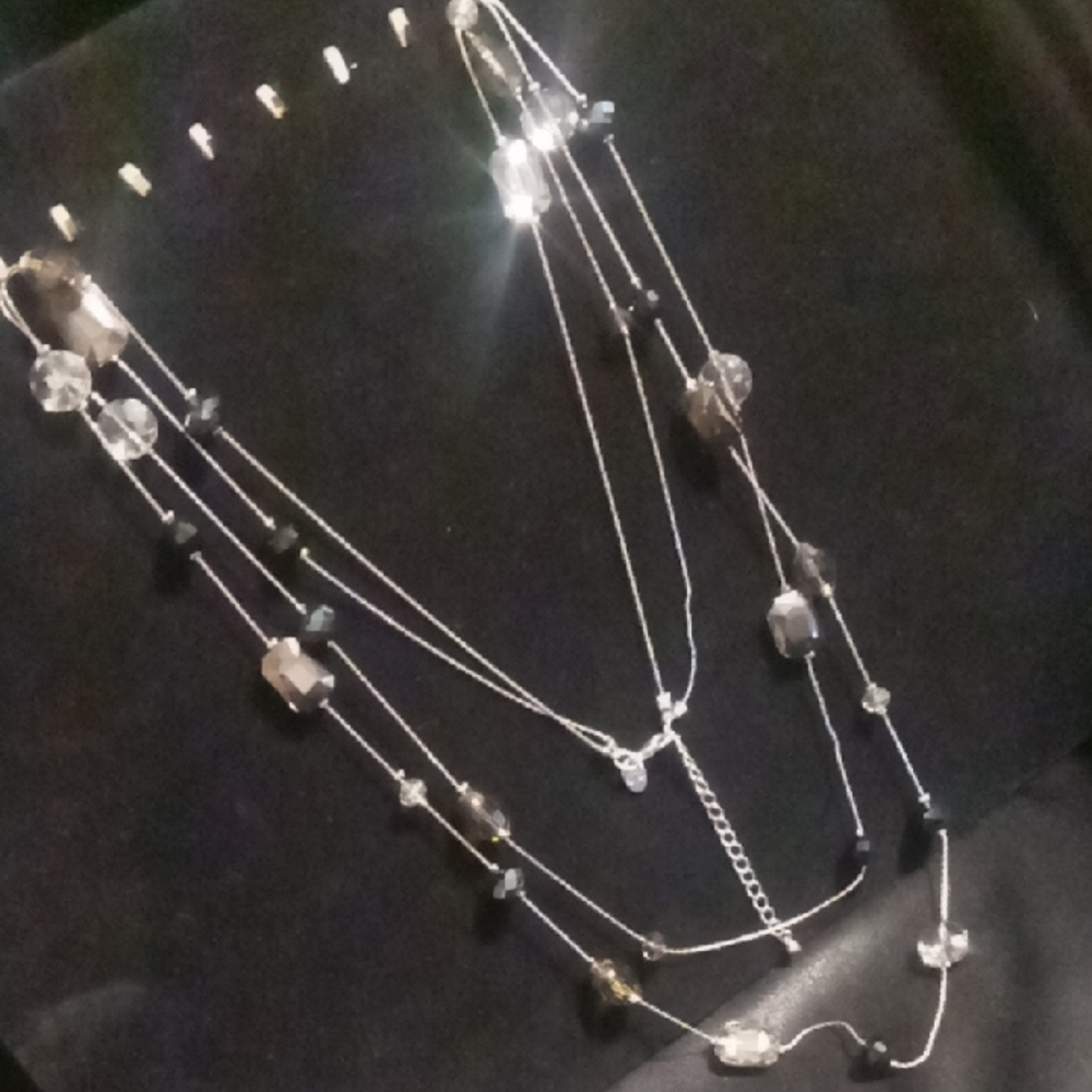 Designer Charming Charlie Silver and Black Necklace Layered Cut Crystal Beaded